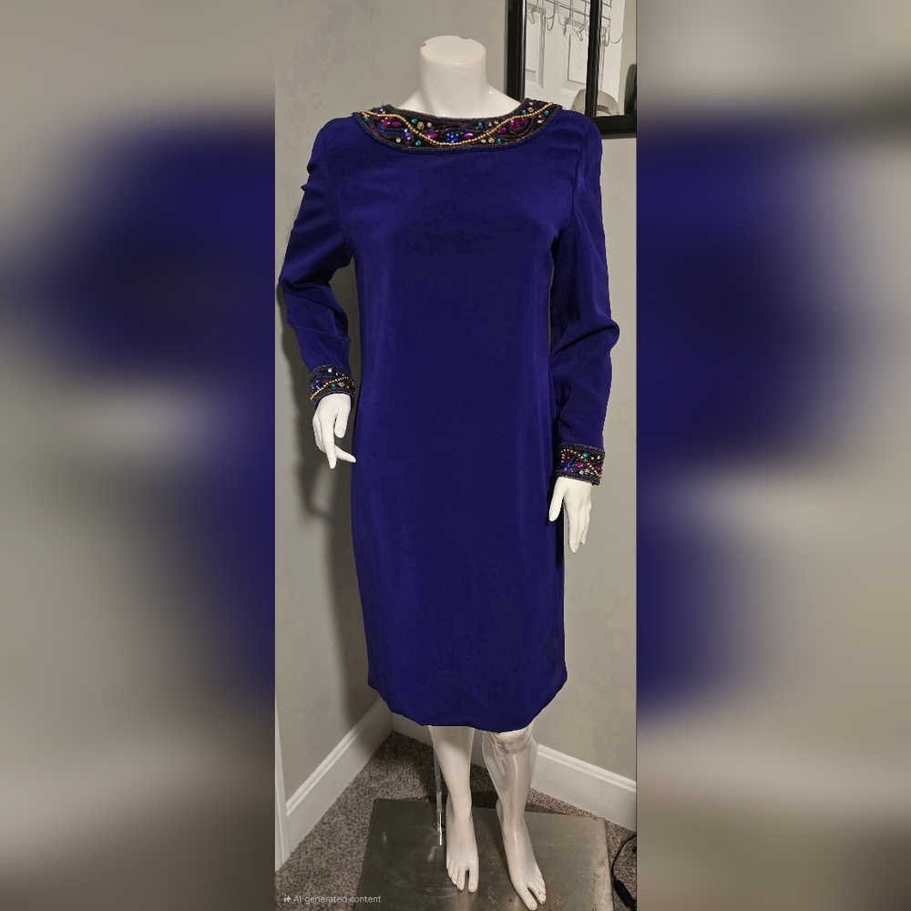 Niteline Della Roufogali Purple Beaded Neck & Sleeve Cuffs Evening Dress Size 14